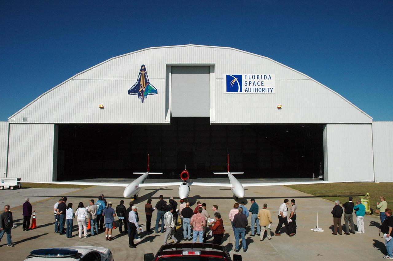 KENNEDY SPACE CENTER, FLA.  — The Virgin Atlantic GlobalFlyer aircraft is on display for employees at NASA's Kennedy Space Center, Fla.   Steve Fossett will pilot the GlobalFlyer on a record-breaking attempt by flying solo, non-stop without refueling, to surpass the current record for the longest flight of any aircraft. Final preparations are being made at Kennedy before taking off on its record-setting flight, as early as Feb. 1, from Kennedy's Space Shuttle Landing Facility.  Photo credit: NASA/Jim Grossmann