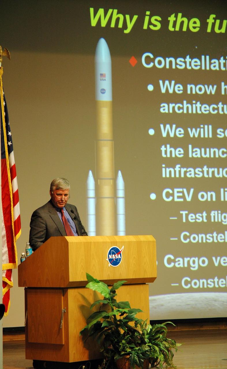 KENNEDY SPACE CENTER, FLA. -  In NASA Kennedy Space Center’s training auditorium, Center Director Jim Kennedy talks to employees about the NASA budget and its impact on the Center.  The all-hands meeting followed a press conference held by NASA Administrator Mike Griffin on the agency’s budget. Photo credit: NASA/Jim Grossmann