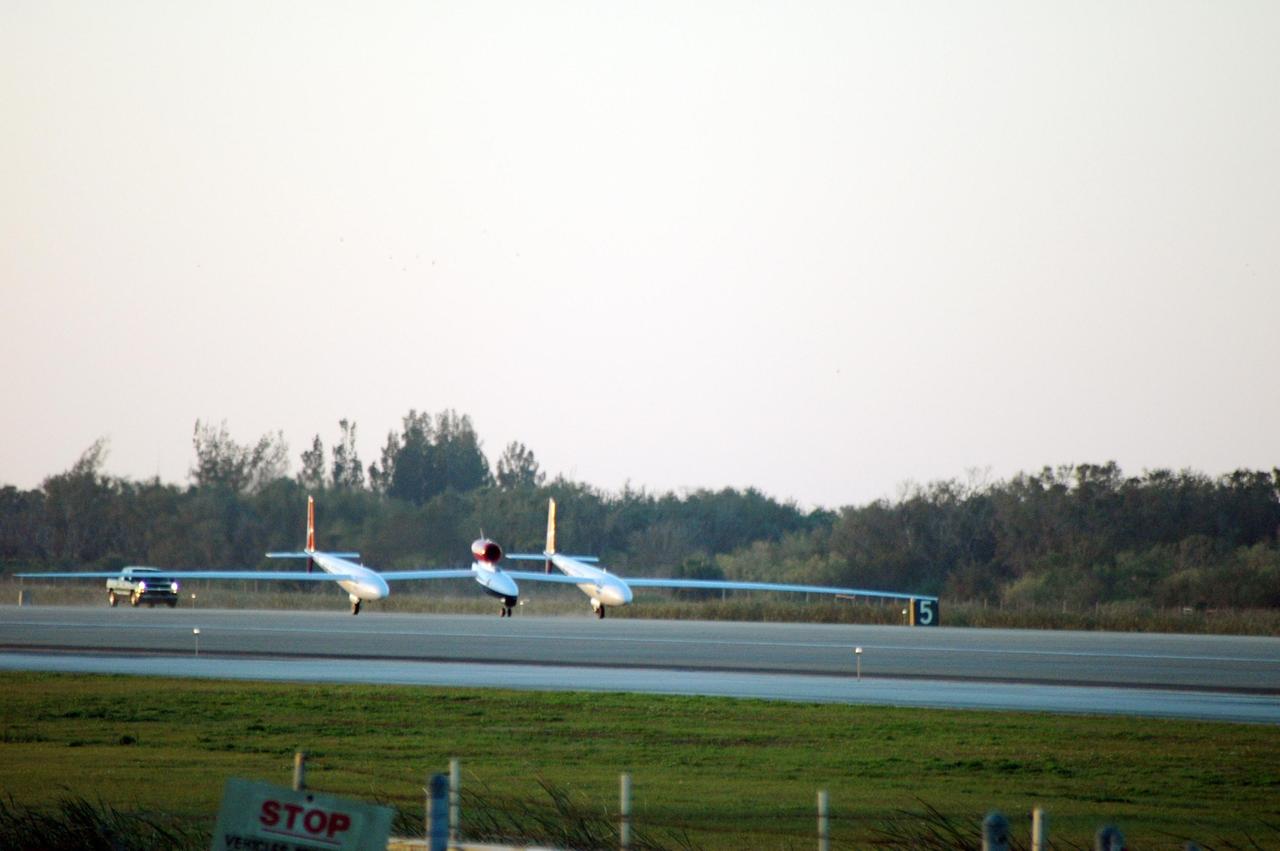KENNEDY SPACE CENTER, FLA. -   On NASA Kennedy Space Center’s Shuttle Landing Facility runway, the Virgin Atlantic GlobalFlyer, piloted by Steve Fossett, begins its takeoff. Fossett is attempting a record-breaking solo flight, non-stop without refueling, to surpass the current record for the longest flight of any aircraft. This is the second attempt in two days after a fuel leak was detected Feb. 7.  The actual launch time was 7:22 a.m. Feb. 8.