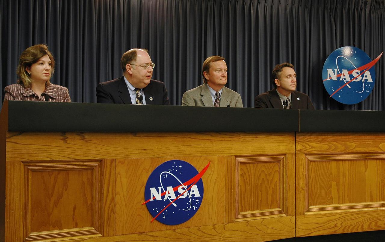 KENNEDY SPACE CENTER, FLA. -  NASA managers brief the media about the Space Shuttle Program and mission STS-121 from the press site at NASA's Kennedy Space Center in Florida.  Public Information Officer Jessica Rye moderated.  Seated at her right are Space Shuttle Program Manager Wayne Hale, NASA Launch Director Mike Leinbach and STS-114 External Tank Tiger Team lead Tim Wilson, with the NASA Engineering & Safety Center.  Photo credit: NASA/Jack Pfaller
