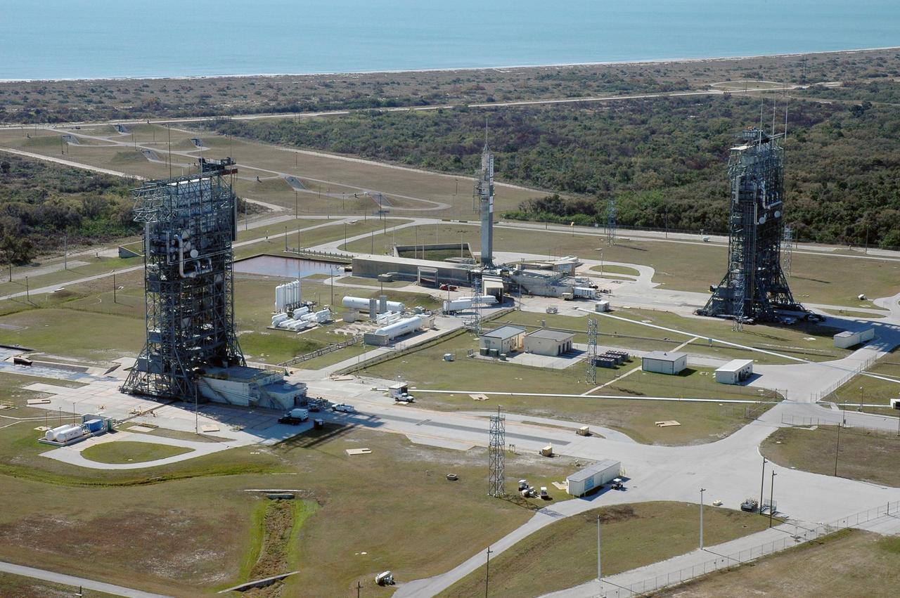 KENNEDY SPACE CENTER, FLA.  - This aerial view shows the Delta II launch pads at Complex 17 on Cape Canaveral Air Force Station in Florida, rimmed by the blue Atlantic Ocean in the background.  Photo credit: Cory Huston