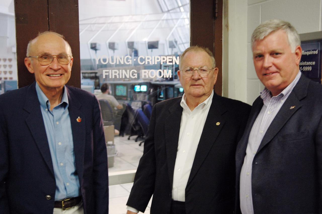 KENNEDY SPACE CENTER, FLA. - In tribute to the 25th anniversary of the first space shuttle flight, NASA's Kennedy Space Center has honored the crew of STS-1, Commander John Young and Pilot Robert Crippen, by dedicating the firing room that launched the historic flight as the "Young · Crippen Firing Room" (seen here). Making the dedication were (from left) the project flight engineer for Space Shuttle Columbia, Bob Sieck; the NASA test director for STS-1, Norm Carlson; and Center Director Jim Kennedy. Photo credit: NASA/Kim Shiflett