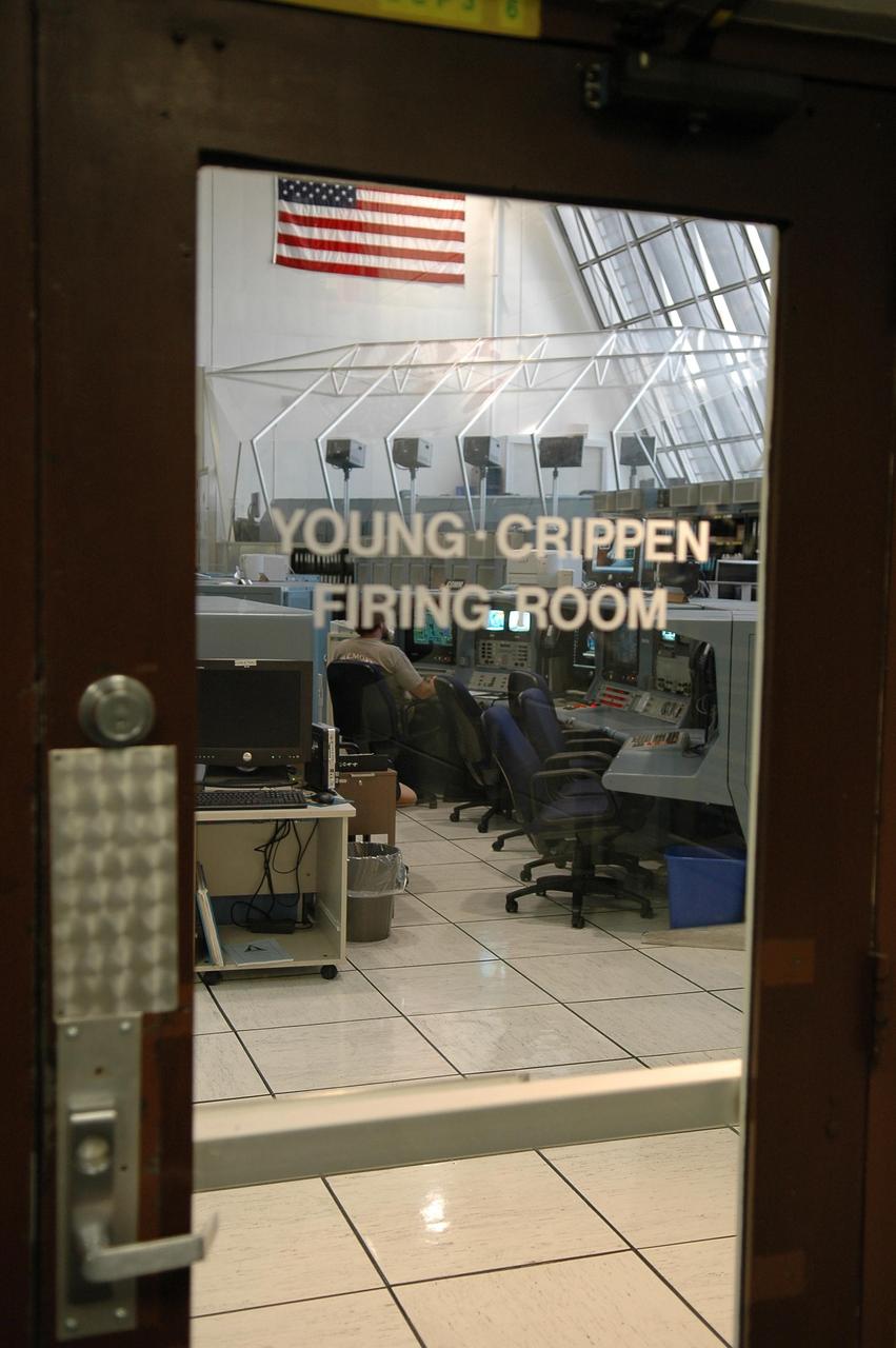 KENNEDY SPACE CENTER, FLA. - The door of firing room 1 in the Launch Control Center at NASA's Kennedy Space Center shows its new designation as the Young · Crippen Firing Room. The renaming was made in tribute to the 25th anniversary of the first space shuttle flight on April 12, 1981, dedicating the firing room that launched the historic flight and the crew of STS-1, Commander John Young and Pilot Robert Crippen. Making the dedication were Center Director Jim Kennedy; the NASA test director for STS-1, Norm Carlson; and the project flight engineer for Space Shuttle Columbia, Bob Sieck. Photo credit: NASA/Kim Shiflett