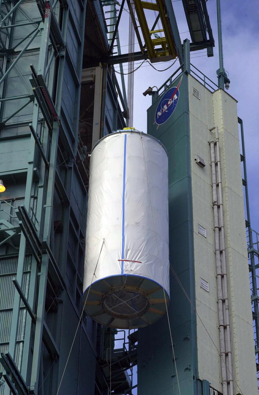 VANDENBERG AIR FORCE BASE, CALIF. - NASA's CALIPSO/CloudSat spacecraft are lifted at Space Launch Complex 2 at Vandenberg Air Force Base in preparation for integration with the Boeing Delta II launch vehicle. Launch of the dual spacecraft is scheduled for April 21. CALIPSO stands for Cloud-Aerosol Lidar and Infrared Pathfinder Satellite Observation. It will fly in combination with the CloudSat satellite to provide never-before-seen 3-D perspectives of how clouds and aerosols form, evolve, and affect weather and climate. CALIPSO and CloudSat will join three other satellites in orbit to enhance understanding of climate systems.