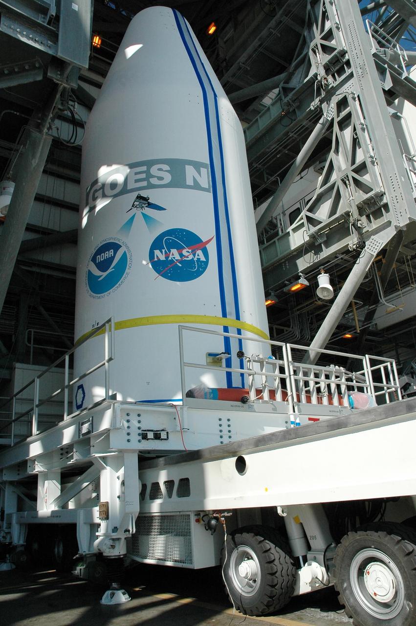 KENNEDY SPACE CENTER, FLA.  -   The encapsulated spacecraft GOES-N is ready to be lifted into the mobile service tower on Launch Complex 37 at Cape Canaveral Air Force Station in Florida.  It will be mated with a Boeing Delta IV rocket for launch.    GOES-N is the latest in a series of Geostationary Operational Environmental Satellites for NOAA and NASA providing continuous monitoring necessary for intensive data analysis. GOES-N is scheduled for launch May 18.  Photo credit: NASA/Jack Pfaller