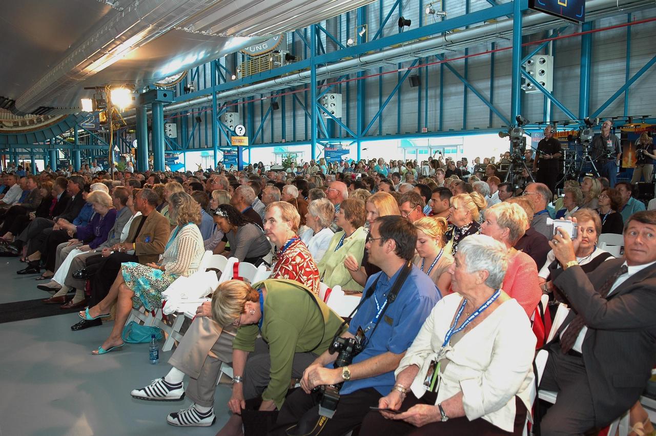 KENNEDY SPACE CENTER, FLA. - A standing-room-only crowd was on hand in the Apollo/Saturn V Center to cheer the new inductees to the U.S. Astronaut Hall of Fame. The inductees for 2006 are former NASA astronauts Henry "Hank" Hartsfield Jr., Brewster H. Shaw Jr. and Charles F. Bolden Jr. The U.S. Astronaut Hall of Fame now includes 63 space explorers. Photo credit: NASA/Kim Shiflett