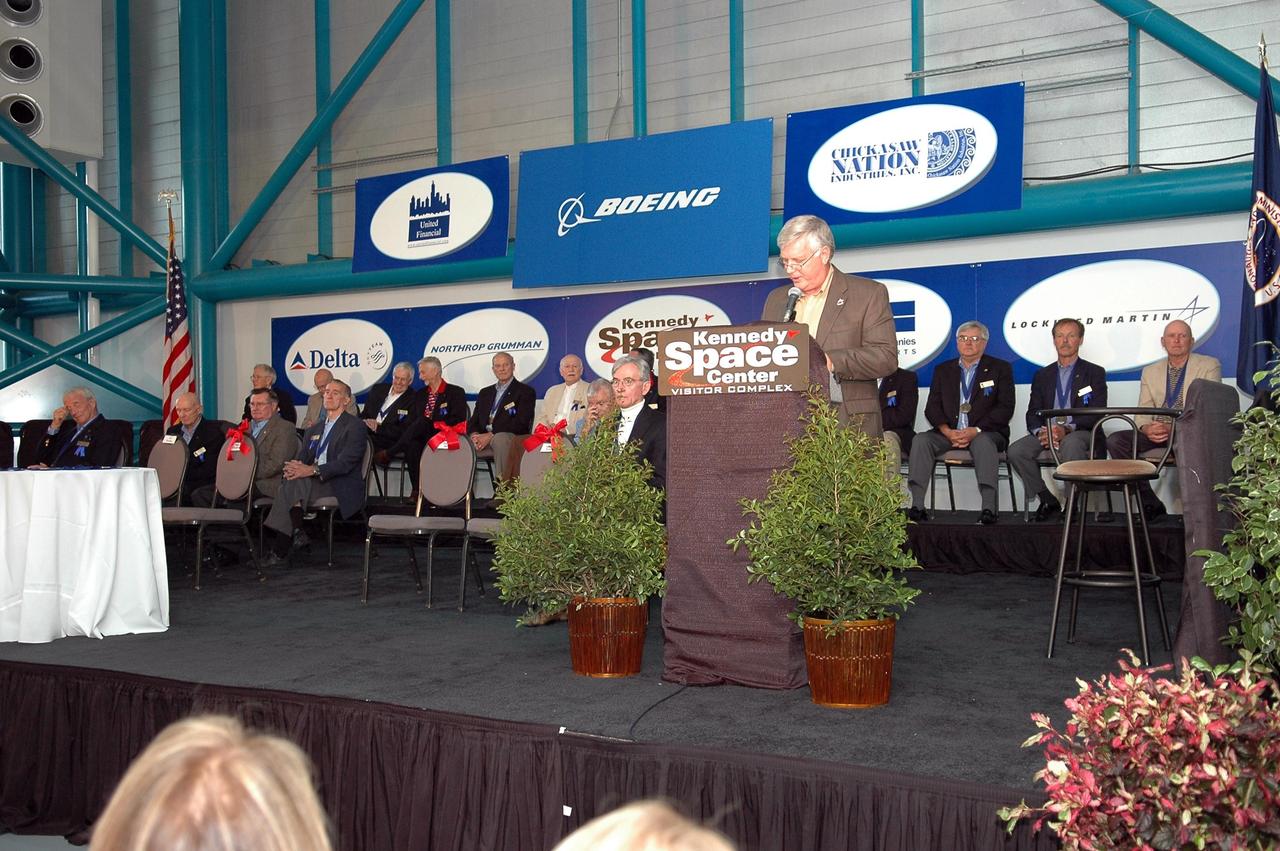 KENNEDY SPACE CENTER, FLA. - James W. Kennedy, director of NASA's John F. Kennedy Space Center, speaks at the 2006 induction ceremony for the U.S. Astronaut Hall of Fame held in the Apollo/Saturn V Center. The inductees for 2006 are former NASA astronauts Henry "Hank" Hartsfield Jr., Brewster H. Shaw Jr. and Charles F. Bolden Jr. The U.S. Astronaut Hall of Fame now includes 63 space explorers. Photo credit: NASA/Kim Shiflett