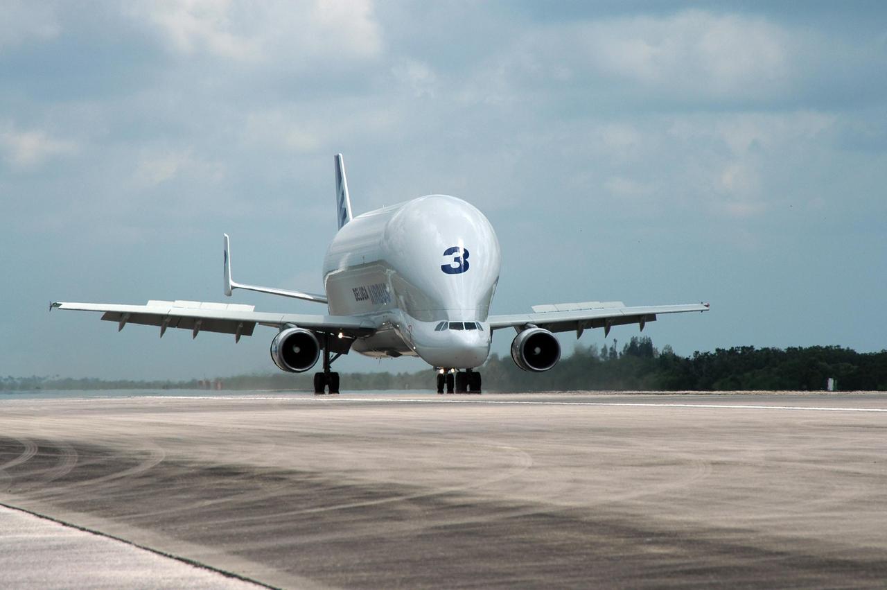 KENNEDY SPACE CENTER, FLA. -   A Beluga aircraft arrives at the Shuttle Landing Facility on NASA's Kennedy Space Center.  The Beluga carries the European Space Agency's research laboratory, designated Columbus, flown to Kennedy from its manufacturer in Germany.  The module will be prepared for delivery to the International Space Station on a future space shuttle mission.  Columbus will expand the research facilities of the station and provide researchers with the ability to conduct numerous experiments in the area of life, physical and materials sciences.  Photo credit: NASA/Jim Grossmann