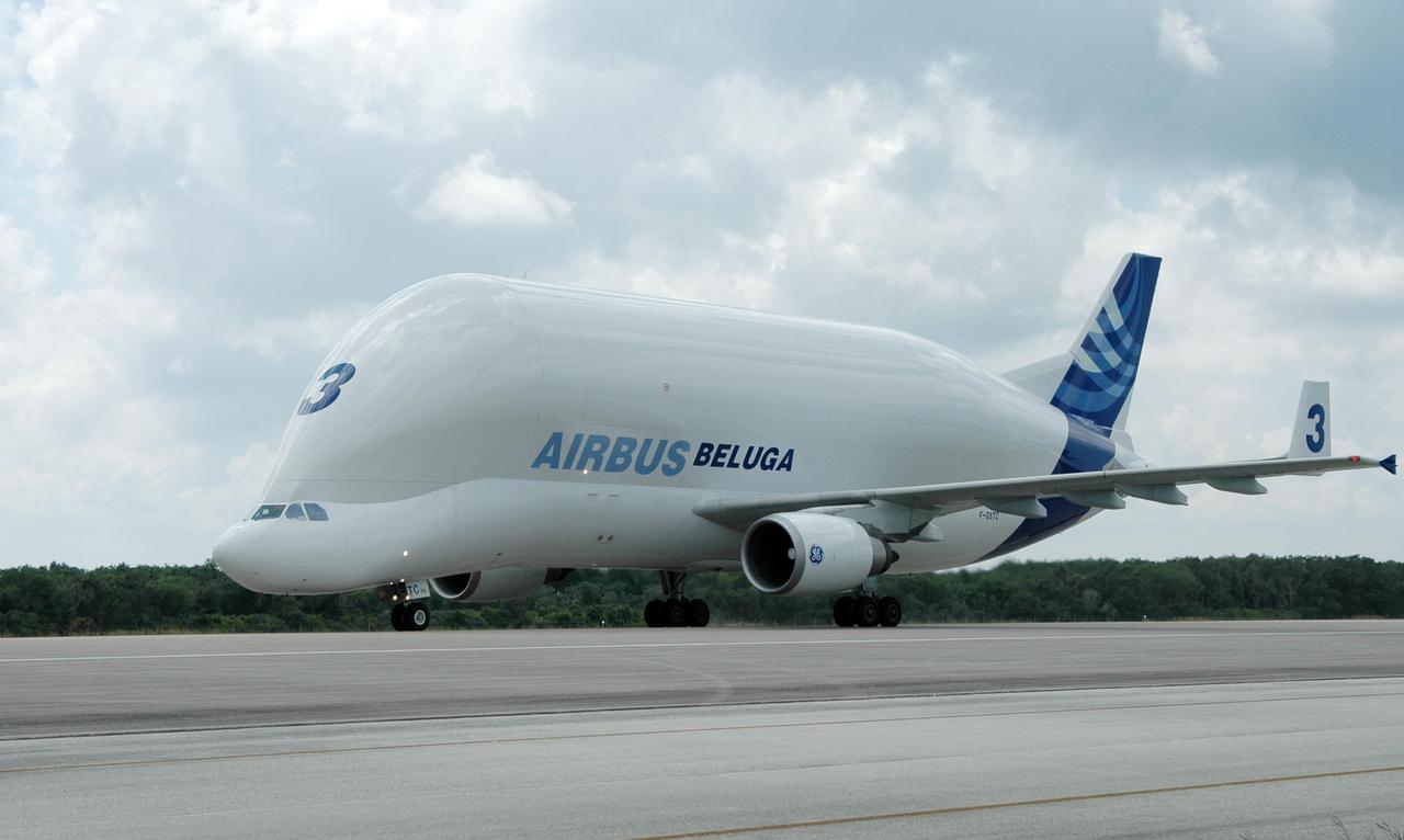 KENNEDY SPACE CENTER, FLA. -   A Beluga aircraft taxis on the runway at the Shuttle Landing Facility on NASA's Kennedy Space Center.  The Beluga carries the European Space Agency's research laboratory, designated Columbus, flown to Kennedy from its manufacturer in Germany.  The module will be prepared for delivery to the International Space Station on a future space shuttle mission.  Columbus will expand the research facilities of the station and provide researchers with the ability to conduct numerous experiments in the area of life, physical and materials sciences.  Photo credit: NASA/Jim Grossmann