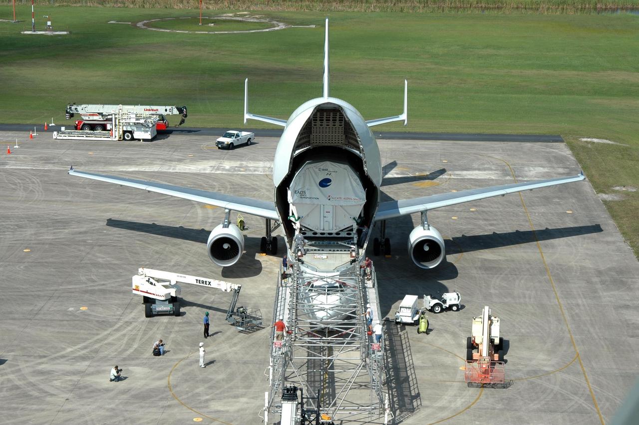 KENNEDY SPACE CENTER, FLA. -   At the Shuttle Landing Facility, the European Space Agency's research laboratory, designated Columbus, is being offloaded onto an Airbus Transport International platform.  The module will be lifted onto a flat bed truck and transported to the Space Station Processing Facility.  There the module will be prepared for delivery to the International Space Station on a future space shuttle mission.  Columbus will expand the research facilities of the station and provide researchers with the ability to conduct numerous experiments in the area of life, physical and materials sciences.  Photo credit: NASA/Jim Grossmann