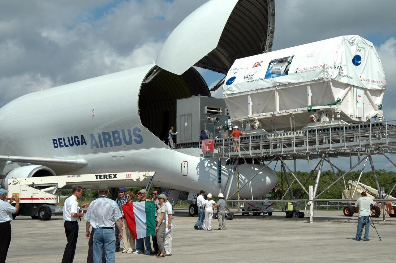 KENNEDY SPACE CENTER, FLA. -   At the Shuttle Landing Facility, the European Space Agency's research laboratory, designated Columbus, has been offloaded onto an Airbus Transport International platform.  The module will be lifted onto a flat bed truck and transported to the Space Station Processing Facility.   There the module will be prepared for delivery to the International Space Station on a future space shuttle mission.  Columbus will expand the research facilities of the station and provide researchers with the ability to conduct numerous experiments in the area of life, physical and materials sciences.  Photo credit: NASA/Jim Grossmann