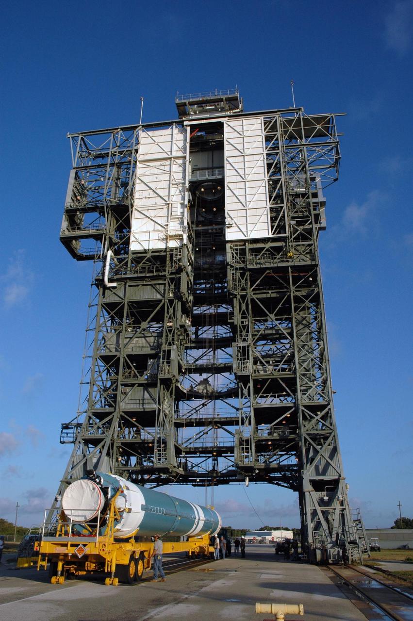 KENNEDY SPACE CENTER, FLA. - The first stage of the Boeing Delta II rocket, slated to launch NASA's Solar Terrestrial Relations Observatory (STEREO), arrives at Pad 17B on Cape Canaveral Air Force Station.  Preparations are under way for a liftoff no earlier than July 22. STEREO consists of two spacecraft whose mission is the first to take measurements of the sun and solar wind in 3-D. This new view will improve our understanding of space weather and its impact on the Earth. Photo credit: NASA/Jim Grossmann