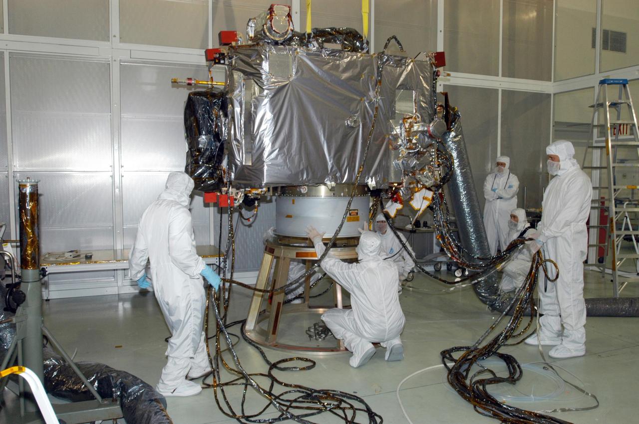 KENNEDY SPACE CENTER, FLA. -   At Astrotech Space Operations in Titusville, Fla., the STEREO spacecraft, seen here, is ready for installation of solar arrays.   STEREO consists of two spacecraft whose mission is the first to take measurements of the sun and solar wind in 3-D. This new view will improve our understanding of space weather and its impact on the Earth.  Preparations are under way for a liftoff aboard a Delta rocket no earlier than July 22. Photo credit: NASA/George Shelton