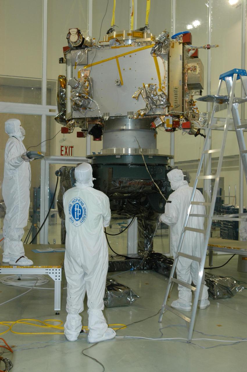 KENNEDY SPACE CENTER, FLA. - At Astrotech Space Operations in Titusville, Fla., the STEREO spacecraft "B" is being moved to a another stand nearby for testing. STEREO stands for Solar Terrestrial Relations Observatory. The STEREO mission is the first to take measurements of the sun and solar wind in 3-dimension. This new view will improve our understanding of space weather and its impact on the Earth. STEREO is expected to lift off aboard a Boeing Delta II rocket on July 22. Photo credit: NASA/George Shelton