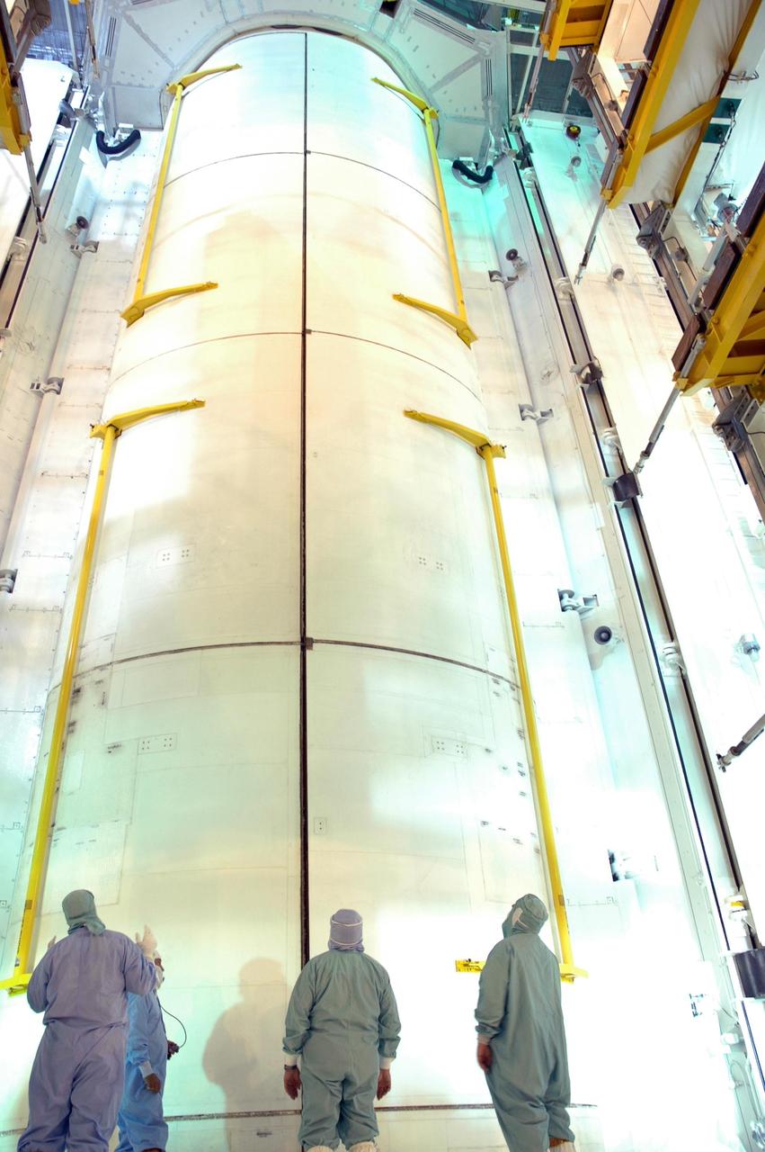 KENNEDY SPACE CENTER, FLA. - At Launch Pad 39B, both of Space Shuttle Discovery's payload bay doors are closed for launch. Inside the payload bay, the cargo includes the multi-purpose logistics module Leonardo and the integrated cargo carrier. Discovery is scheduled to launch on mission STS-121 at 3:49 p.m. July 1 carrying a crew of seven on the 12-day mission to the International Space Station. Photo credit: NASA/Jim Grossmann
