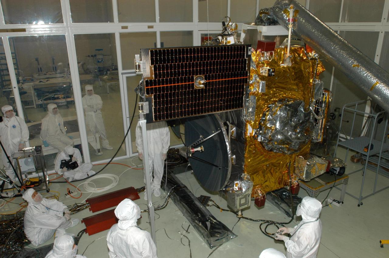 KENNEDY SPACE CENTER, FLA. - At Astrotech Space Operations in Titusville, Fla., engineers perform testing on the solar panel on the STEREO observatory "A." STEREO, which stands for Solar Terrestrial Relations Observatory, consists of two spacecraft whose mission is to take measurements of the sun and solar wind in 3-D, for the first time. This new view will improve our understanding of space weather and its impact on the Earth. Preparations are under way for a liftoff aboard a Delta rocket no earlier than July 30. Photo credit: NASA/George Shelton