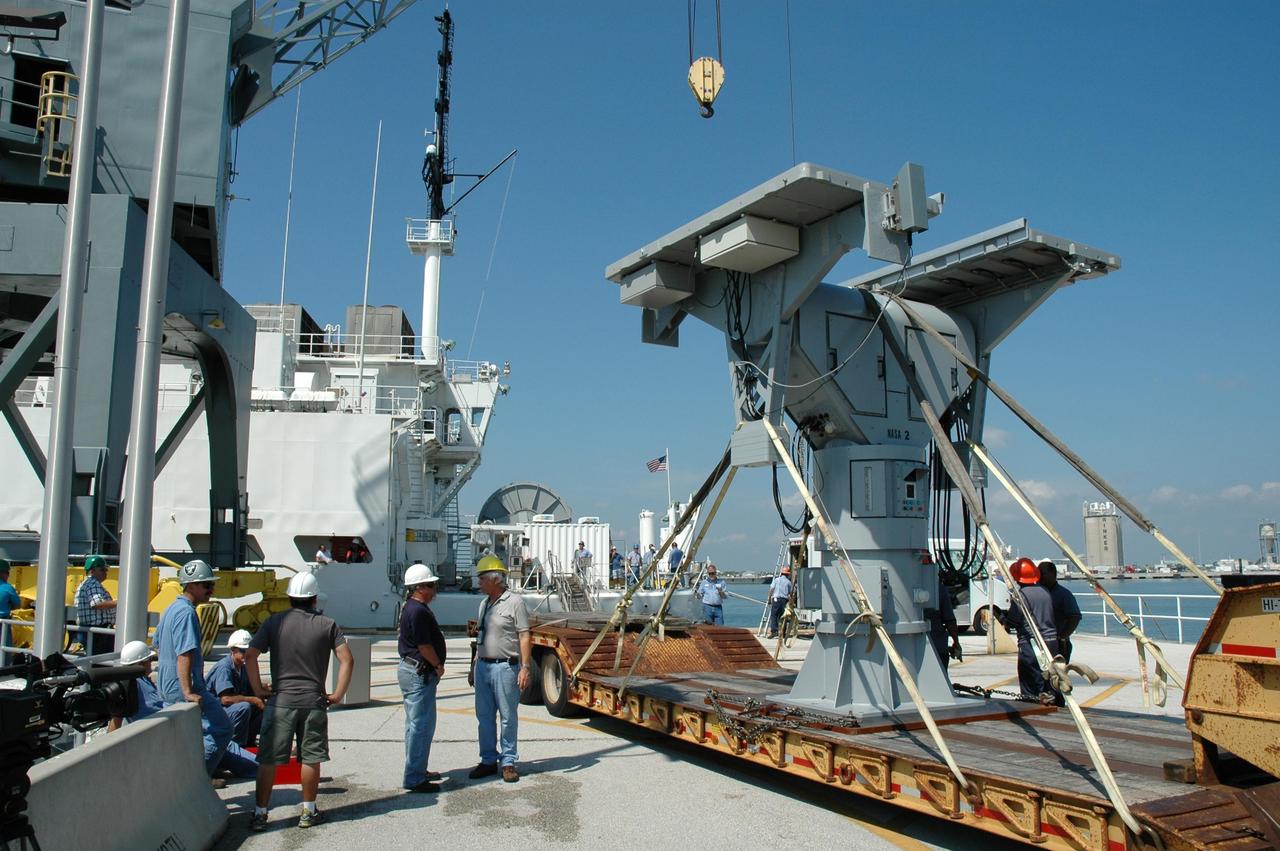 KENNEDY SPACE CENTER, FLA. -   An X-band radar is ready to be loaded on the U.S. Naval Ship Hayes at Port Canaveral in Florida to support the July 1 launch of Space Shuttle Discovery on mission STS-121. There are two Continuous Pulse Doppler X-band radars located on ships for the STS-121 launch.  The other one is mounted on a booster recovery ship downrange of the launch site. The two radars provide velocity and differential Shuttle/debris motion information.  Combined with the C-band radar located at the Haulover Canal near the launch site, they provide high definition images of any debris that might fall from the external tank/shuttle.  The X-band data (screen captures) will be sent from the ships via satellite link to the National Center for Atmospheric Research site.  Photo credit: NASA/Jim Grossmann