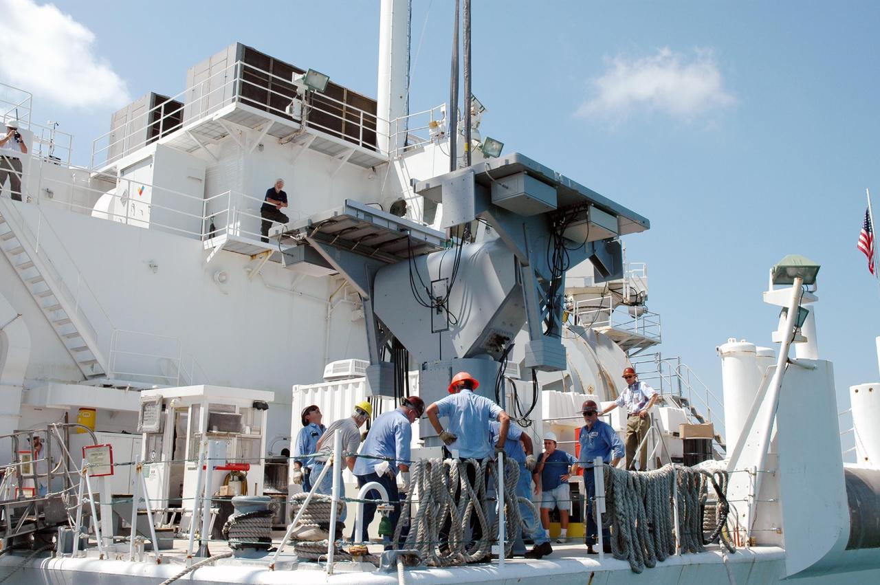 KENNEDY SPACE CENTER, FLA. -   An X-band radar is installed on the U.S. Naval Ship Hayes at Port Canaveral in Florida to support the July 1 launch of Space Shuttle Discovery on mission STS-121.   There are two Continuous Pulse Doppler X-band radars located on ships for the STS-121 launch.  The other one is mounted on a booster recovery ship downrange of the launch site. The two radars provide velocity and differential Shuttle/debris motion information.  Combined with the C-band radar located at the Haulover Canal near the launch site, they provide high definition images of any debris that might fall from the external tank/shuttle.  The X-band data (screen captures) will be sent from the ships via satellite link to the National Center for Atmospheric Research site.  Photo credit: NASA/Jim Grossmann