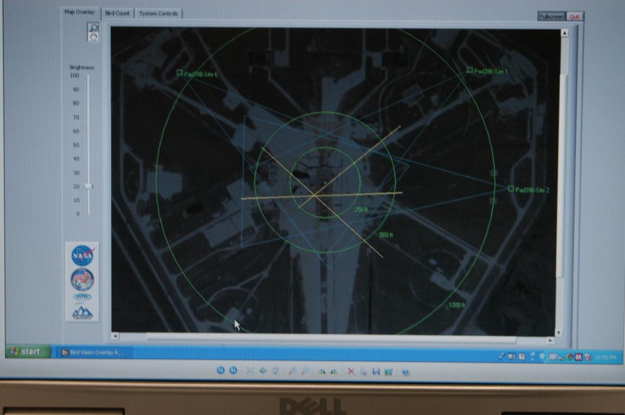 KENNEDY SPACE CENTER, FLA. - This associated computer image shows data being relayed from the avian radars recently set up on Launch Pad 39B. The computer is one of two in Firing Room 4 of the Launch Control Center. When birds, especially vultures, are near the shuttle during a launch, impact on a critical area is possible and could cause catastrophic damage to the vehicle. Already proven affective for aviation where threats posed by bird strikes have been a problem, the avian radar, known as Aircraft Birdstrike Avoidance Radar, provides horizontal and vertical scanning and can monitor either launch pad for movement of vultures around them. If data relayed from the avian radar indicates large birds are dangerously close to the vehicle, controllers could hold the countdown. Photo credit: NASA/George Shelton