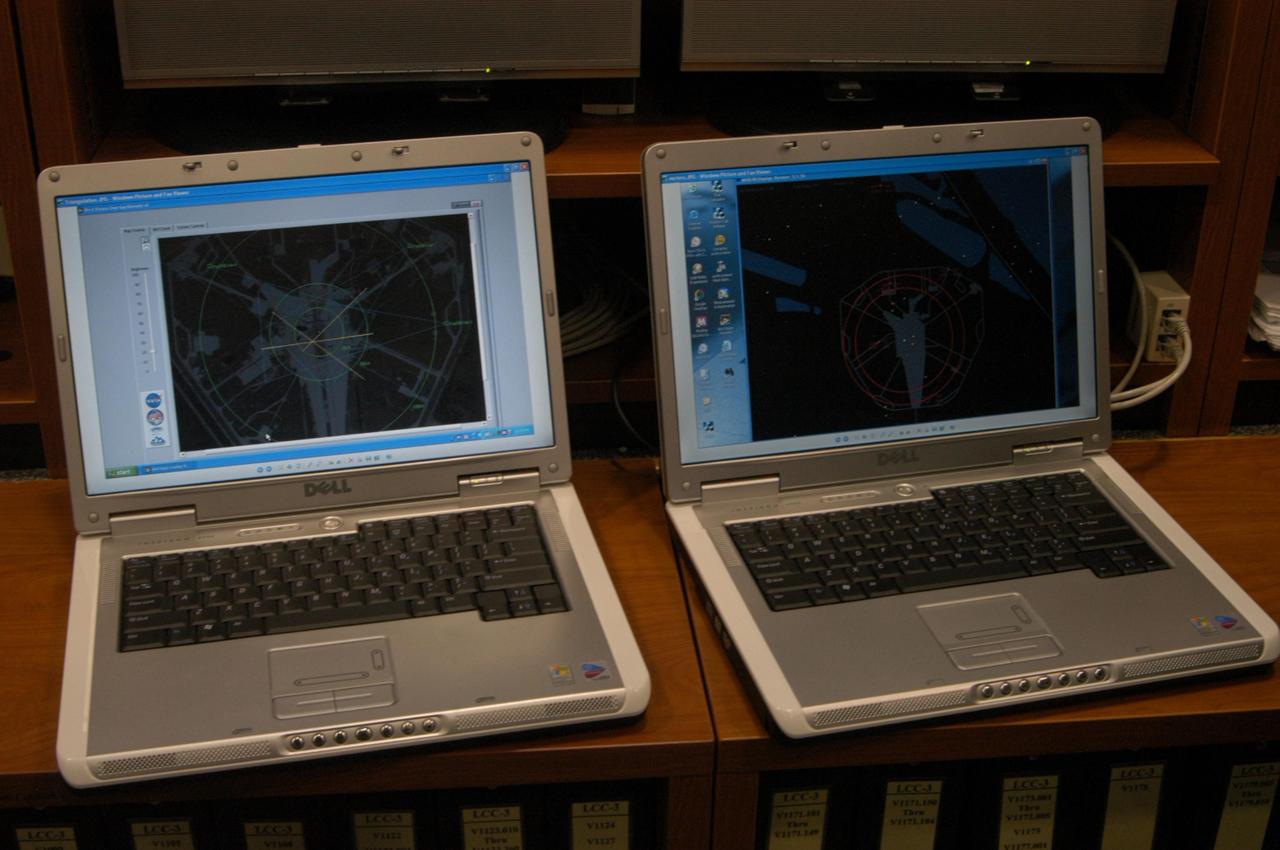 KENNEDY SPACE CENTER, FLA. - These laptop computers in Firing Room 4 of the Launch Control Center reveal data being relayed from the avian radars recently set up on Launch Pad 39B. On the left is an associated camera image. On the right is the radar image. When birds, especially vultures, are near the shuttle during a launch, impact on a critical area is possible and could cause catastrophic damage to the vehicle. Already proven affective for aviation where threats posed by bird strikes have been a problem, the avian radar, known as Aircraft Birdstrike Avoidance Radar, provides horizontal and vertical scanning and can monitor either launch pad for movement of vultures around them. If data relayed from the avian radar indicates large birds are dangerously close to the vehicle, controllers could hold the countdown. Photo credit: NASA/George Shelton