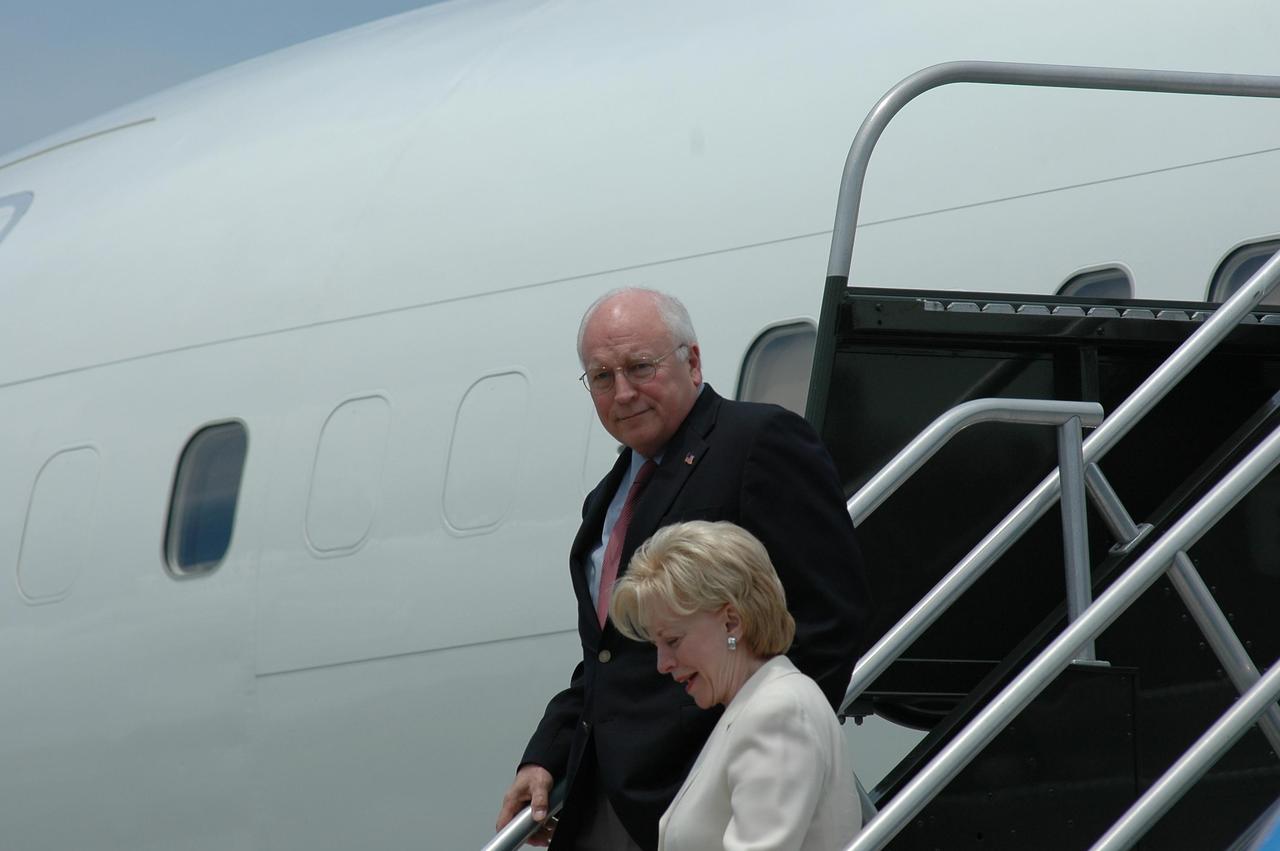 KENNEDY SPACE CENTER, FLA. - U.S. Vice President Dick Cheney and his wife, Lynne, disembark from their plane after landing at the Skid Strip, Cape Canaveral Air Force Station, in Florida. They flew in to view the launch of Space Shuttle Discovery on mission STS-121. Photo credit: NASA/Kim Shiflett