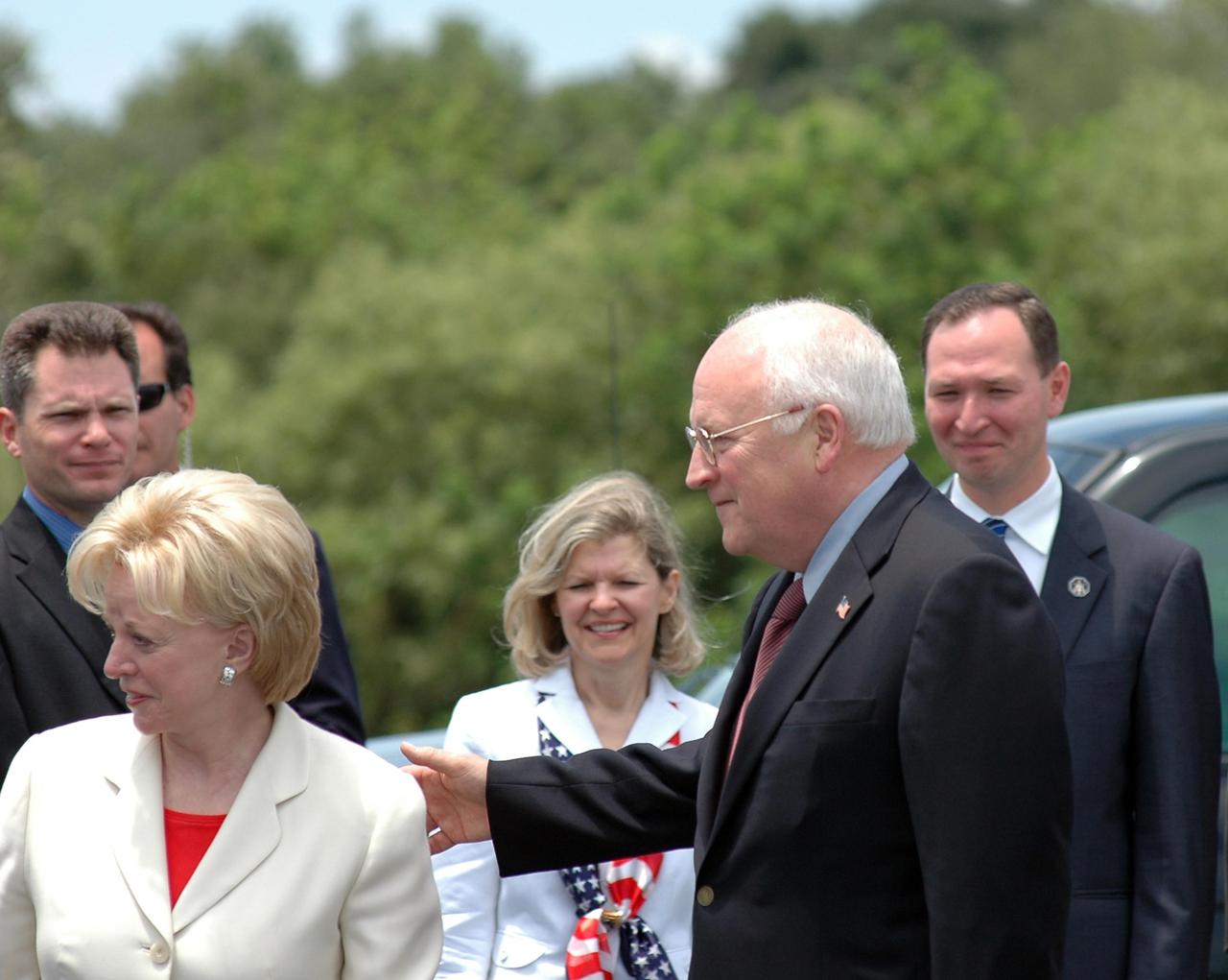 KENNEDY SPACE CENTER, FLA. -   U.S. Vice President Dick Cheney and his wife, Lynne, are greeted at the Skid Strip, Cape Canaveral Air Force Station, in Florida, after their landing.  Behind Mrs. Cheney is NASA Vehicle Manager Scott Thurston.  At center is Pam Adams, with External Relations.  On the far right is J.T. Jezierski, NASA deputy chief of staff and White House liaison.  Cheney and his family flew in to view the launch of Space Shuttle Discovery on mission STS-121.  Photo credit: NASA/Kim Shiflett