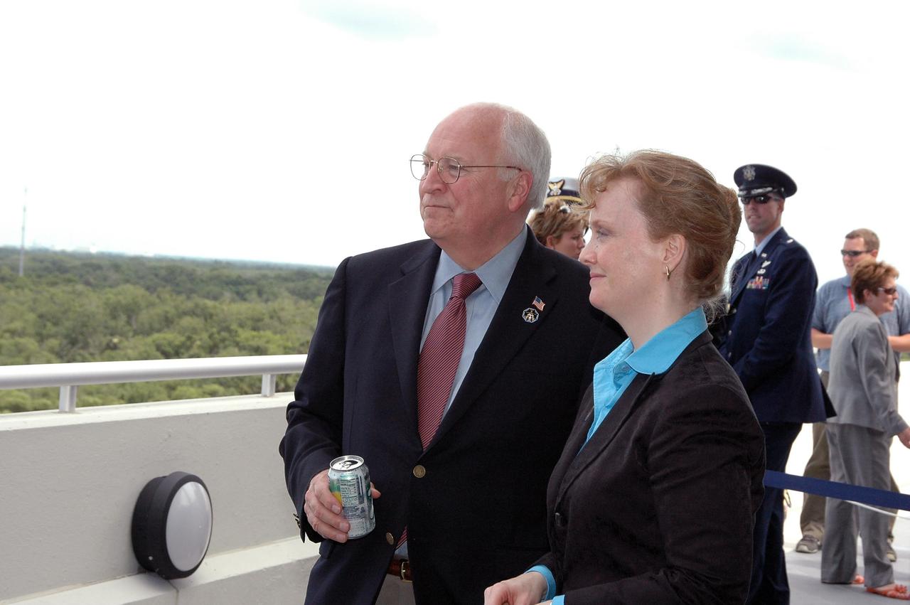 KENNEDY SPACE CENTER, FLA. - From the viewing area of the Operations and Support Building II, U.S. Vice President Dick Cheney will be able to view the launch of Space Shuttle Discovery on mission STS-121.  Cheney flew in earlier to view the launch.  Standing next to him is Shana Dale, NASA deputy administrator.     Photo credit: NASA/Kim Shiflett