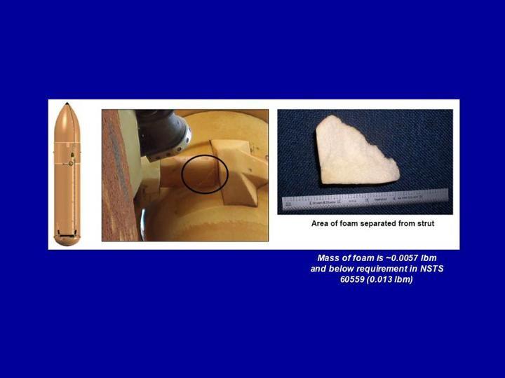 KENNEDY SPACE CENTER, FLA. - A composite image illustrates the size and location of a piece of insulation that was liberated from a strut that attaches the liquid oxygen feedline to External Tank-119. The tank is being used to launch space shuttle mission STS-121. This piece of foam, weighing approximately 0.0057 pounds, is three inches long and one-eighth to one-quarter inch wide and was recovered by the Ice Team from the mobile launch platform at Pad 39B.  It is believed that the rain experienced during yesterday’s launch attempt of Discovery caused water to run down the feedline and form ice near the strut next to the feedline bracket.  As the tank warmed and expanded, the ice that formed most likely pinched the foam on the top of the strut, causing a crack and eventual loss of the small piece of foam. Photo credit: NASA