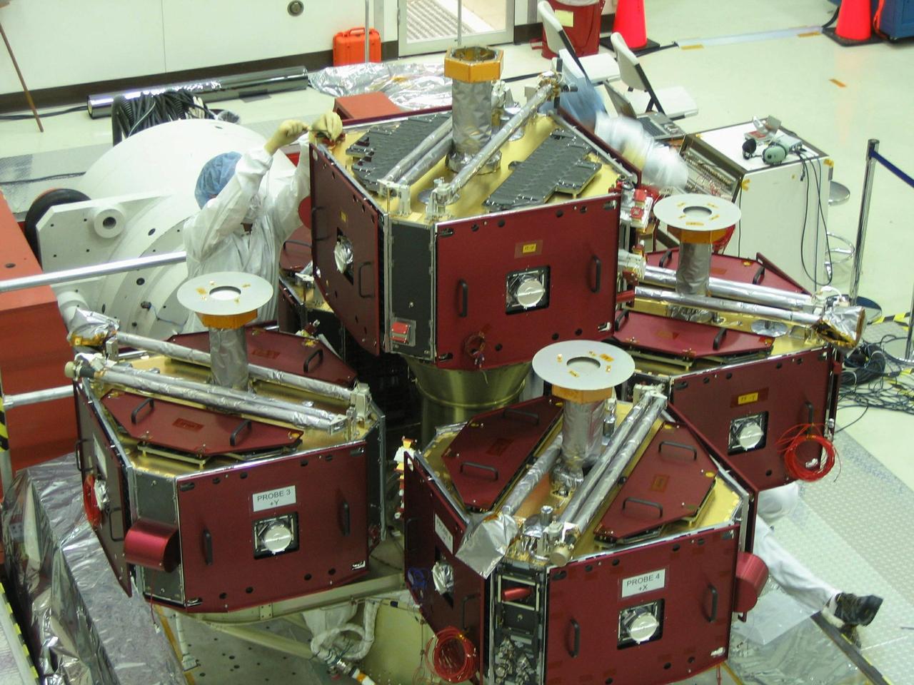 VANDENBERG AIR FORCE BASE, CALIF. --  The probe carrier assembly on the THEMIS spacecraft is prepared for a vibration test.  The assembly has solar array covers attached. THEMIS, which stands for Time History of Events and Macroscale Interactions during Substorms, comprises five identical probes that will study the dynamic and colorful eruptions of auroras.  THEMIS is scheduled to launch Oct. 19 from Cape Canaveral Air Force Station in Florida.