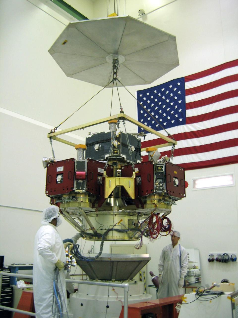 VANDENBERG AIR FORCE BASE, CALIF. --  An overhead crane hoists the probe carrier assembly on the THEMIS spacecraft to the vibration table (Z-axis). THEMIS, which stands for Time History of Events and Macroscale Interactions during Substorms, comprises five identical probes that will study the dynamic and colorful eruptions of auroras.  THEMIS is scheduled to launch Oct. 19 from Cape Canaveral Air Force Station in Florida.