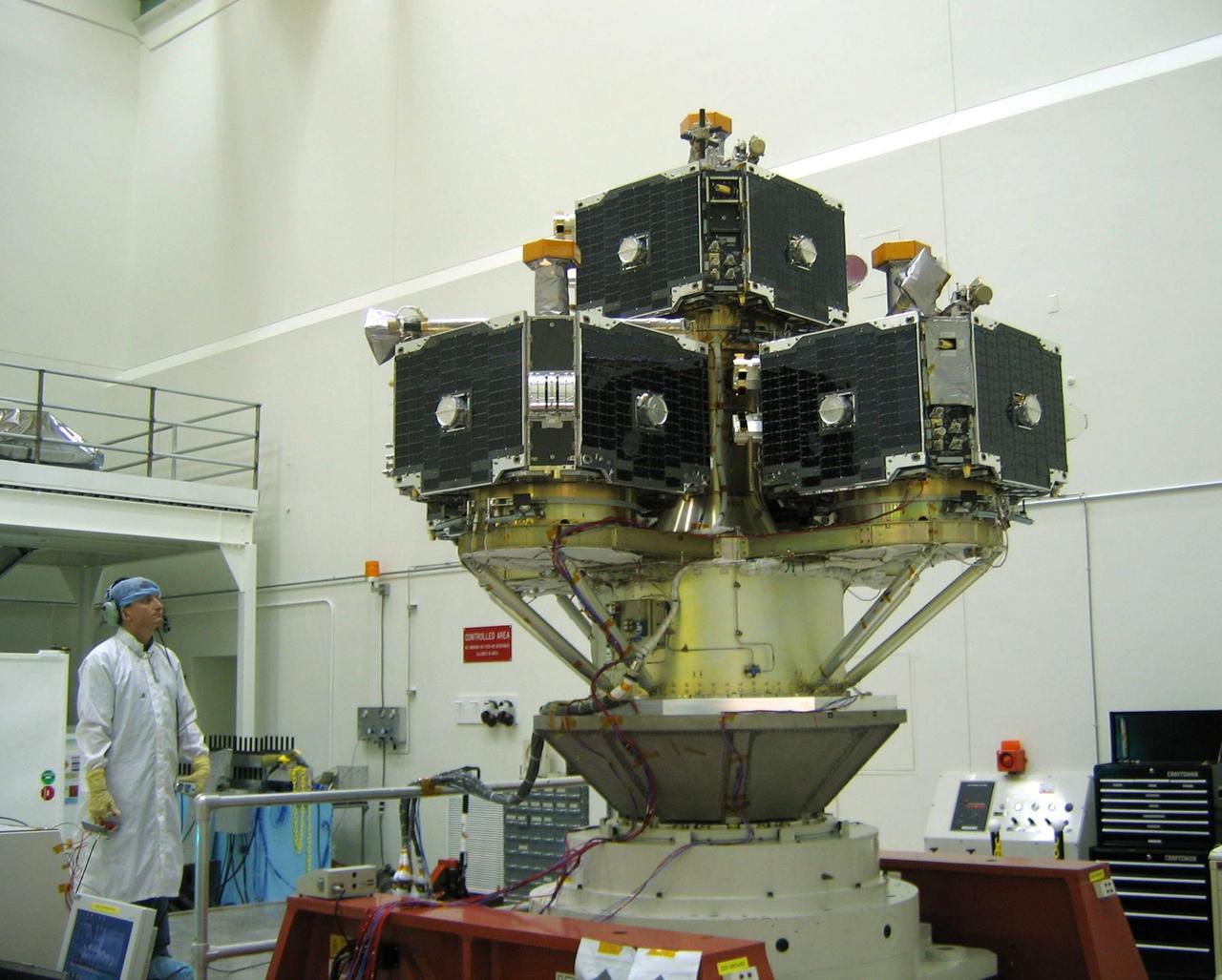 VANDENBERG AIR FORCE BASE, CALIF. --  The probe carrier assembly on the THEMIS spacecraft undergoes a vibration test (Z-axis). THEMIS, which stands for Time History of Events and Macroscale Interactions during Substorms, comprises five identical probes that will study the dynamic and colorful eruptions of auroras.  THEMIS is scheduled to launch Oct. 19 from Cape Canaveral Air Force Station in Florida.