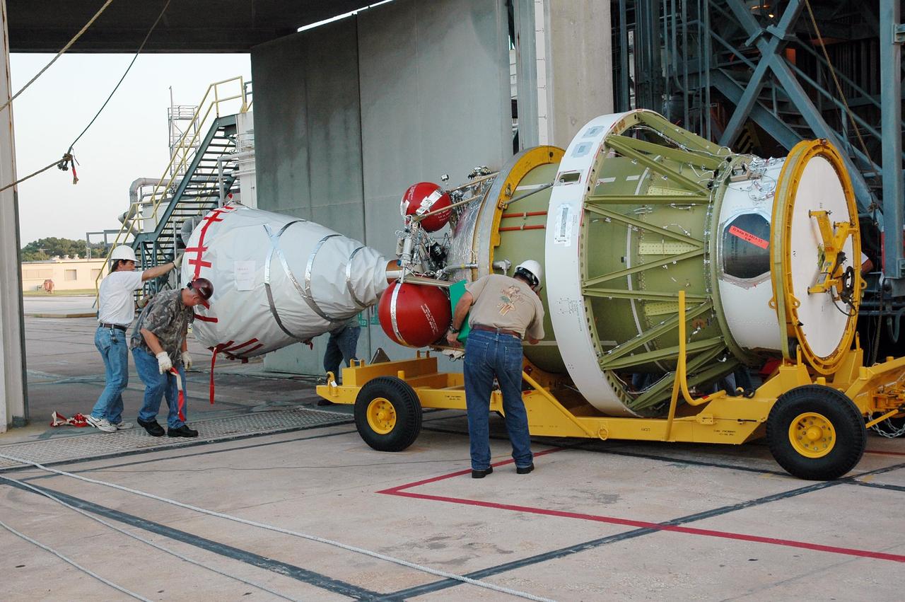 KENNEDY SPACE CENTER, FLA. -   At Launch Complex 17 on Cape Canaveral Air Force Station, the second stage of the Boeing Delta II launch vehicle for the STEREO spacecraft is returned to the pad.  The stage was tested for leaks in the High-Pressure Test Facility but no leak was observed.  The second stage will be remated with the Delta first stage.  STEREO stands for Solar Terrestrial Relations Observatory and comprises two spacecraft.  The STEREO mission is the first to take measurements of the sun and solar wind in 3-dimension. This new view will improve our understanding of space weather and its impact on the Earth.  STEREO is expected to lift off on Aug. 31.   Photo credit: NASA/Dimitri Gerondidakis
