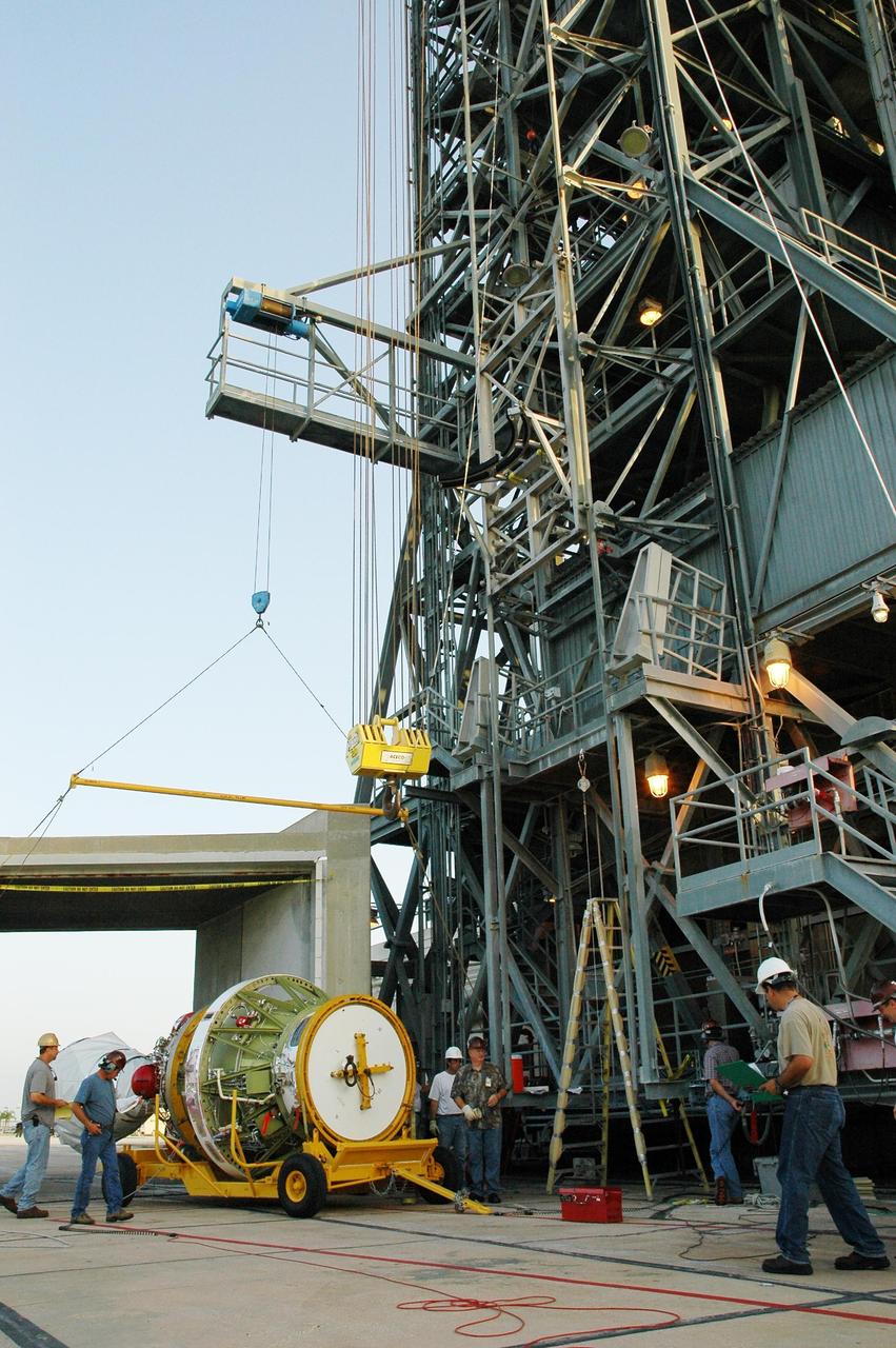 KENNEDY SPACE CENTER, FLA. - After its return to Launch Complex 17 on Cape Canaveral Air Force Station, the second stage of the Boeing Delta II launch vehicle for the STEREO spacecraft is being prepared to be raised to vertical. The stage has been returned to the pad after being tested for leaks in the High-Pressure Test Facility; no leak was observed. The stage will again be lifted into the mobile service tower and remated with the Delta first stage. STEREO stands for Solar Terrestrial Relations Observatory and comprises two spacecraft. The STEREO mission is the first to take measurements of the sun and solar wind in 3-dimension. This new view will improve our understanding of space weather and its impact on the Earth. STEREO is expected to lift off on Aug. 31. Photo credit: NASA/Dimitri Gerondidakis