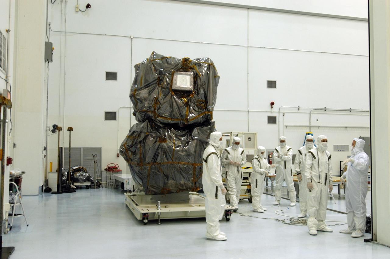KENNEDY SPACE CENTER, FLA. - At Astrotech Space Operations in Titusville, Fla., workers have successfully mated the two STEREO observatories, which is the launch configuration. STEREO, which stands for Solar Terrestrial Relations Observatory, is the first to take measurements of the sun and solar wind in 3-dimension. This new view will improve our understanding of space weather and its impact on the Earth. STEREO is expected to lift off aboard a Boeing Delta II rocket from Launch Pad 17-B at Cape Canaveral Air Force Station on Aug. 31. Photo credit: NASA/George Shelton