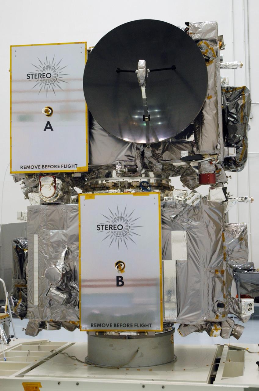 KENNEDY SPACE CENTER, FLA. -   The STEREO spacecraft sits on a test stand inside the Astrotech facility in Titusville, Florida. The twin observatories will undergo a spin test to check balance and alignment in preparation for flight. STEREO stands for Solar Terrestrial Relations Observatory. The STEREO mission is the first to take measurements of the sun and solar wind in 3-dimension. This new view will improve our understanding of space weather and its impact on the Earth. STEREO is expected to lift off on Aug. 31, from Launch Pad 17-B on Cape Canaveral Air Force Station in Florida. Photo credit: NASA/George Shelton.