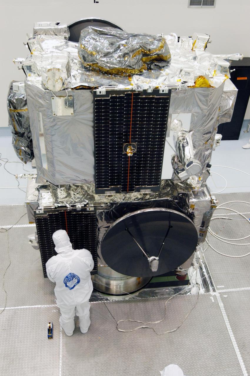 KENNEDY SPACE CENTER, FLA. -  The STEREO observatories are the focus of attention at a media viewing held at Astrotech Space Operations in Titusville, Fla.  The two observatories were mated for launch but will separate into different orbits for their mission. STEREO stands for Solar Terrestrial Relations Observatory. The STEREO mission is the first to take measurements of the sun and solar wind in 3-dimension. This new view will improve our understanding of space weather and its impact on the Earth. STEREO is expected to lift off on Aug. 31, from Launch Pad 17-B on Cape Canaveral Air Force Station in Florida. Photo credit: NASA/George Shelton.