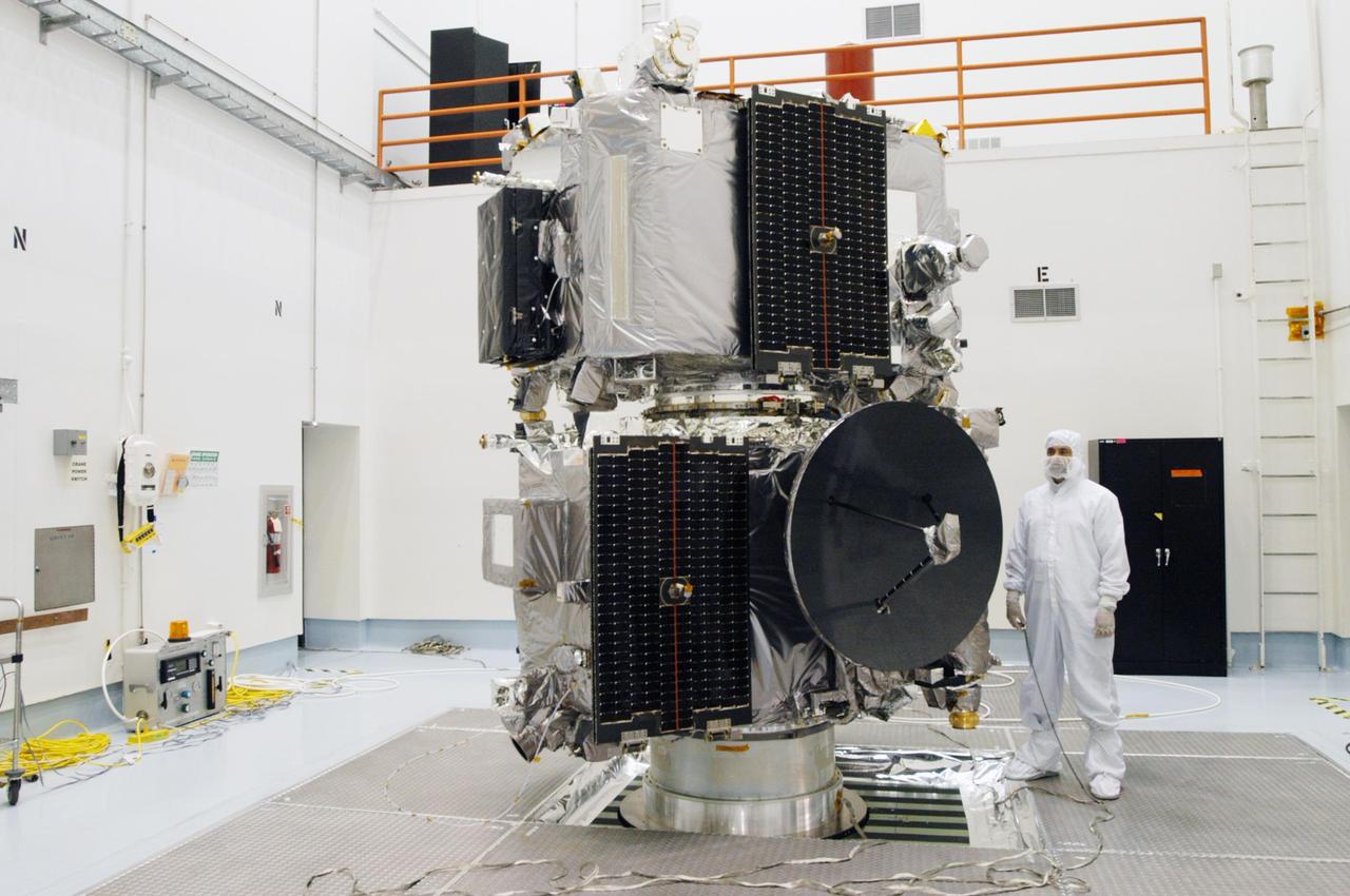 KENNEDY SPACE CENTER, FLA. -  The STEREO observatories are the focus of attention at a media viewing held at Astrotech Space Operations in Titusville, Fla.  The two observatories were mated for launch but will separate into different orbits for their mission. STEREO stands for Solar Terrestrial Relations Observatory. The STEREO mission is the first to take measurements of the sun and solar wind in 3-dimension. This new view will improve our understanding of space weather and its impact on the Earth. STEREO is expected to lift off on Aug. 31, from Launch Pad 17-B on Cape Canaveral Air Force Station in Florida. Photo credit: NASA/George Shelton.