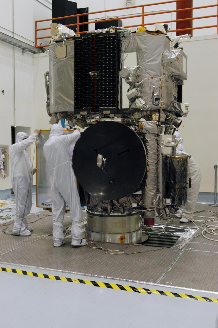 KENNEDY SPACE CENTER, FLA. -  The STEREO observatories are the focus of attention at a media viewing held at Astrotech Space Operations in Titusville, Fla., on Aug. 11.  The two observatories were mated for launch but will separate into different orbits for their mission. STEREO stands for Solar Terrestrial Relations Observatory. The STEREO mission is the first to take measurements of the sun and solar wind in 3-dimension. This new view will improve our understanding of space weather and its impact on the Earth. STEREO is expected to lift off on Aug. 31, from Launch Pad 17-B on Cape Canaveral Air Force Station in Florida. Photo credit: NASA/George Shelton.
