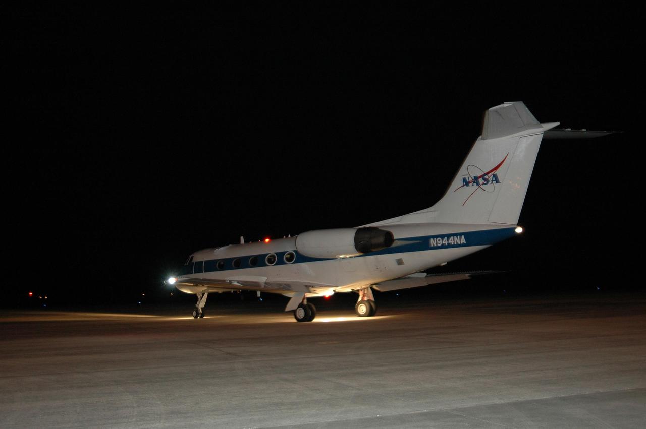 KENNEDY SPACE CENTER, FLA. - In the early morning hours on NASA Kennedy Space Center's Shuttle Landing Facility, the Shuttle Training Aircraft taxis onto the runway. In the specially configured aircraft, STS-115 Commander Brent Jett and Pilot Christopher Ferguson are practicing landing the shuttle. STA practice is part of launch preparations. The STA is a Grumman American Aviation-built Gulf Stream II jet that was modified to simulate an orbiter’s cockpit, motion and visual cues, and handling qualities. In flight, the STA duplicates the orbiter’s atmospheric descent trajectory from approximately 35,000 feet altitude to landing on a runway. Because the orbiter is unpowered during re-entry and landing, its high-speed glide must be perfectly executed the first time. Mission STS-115 is scheduled to lift off about 12:29 p.m. Sept. 6. Mission managers cancelled Atlantis' first launch campaign due to a lightning strike at the pad and the passage of Tropical Storm Ernesto along Florida's east coast. The mission will deliver and install the 17-and-a-half-ton P3/P4 truss segment to the port side of the integrated truss system on the orbital outpost. The truss includes a new set of photovoltaic solar arrays. When unfurled to their full length of 240 feet, the arrays will provide additional power for the station in preparation for the delivery of international science modules over the next two years. STS-115 is expected to last 11 days and includes three scheduled spacewalks. Photo credit: NASA/Kim Shiflett