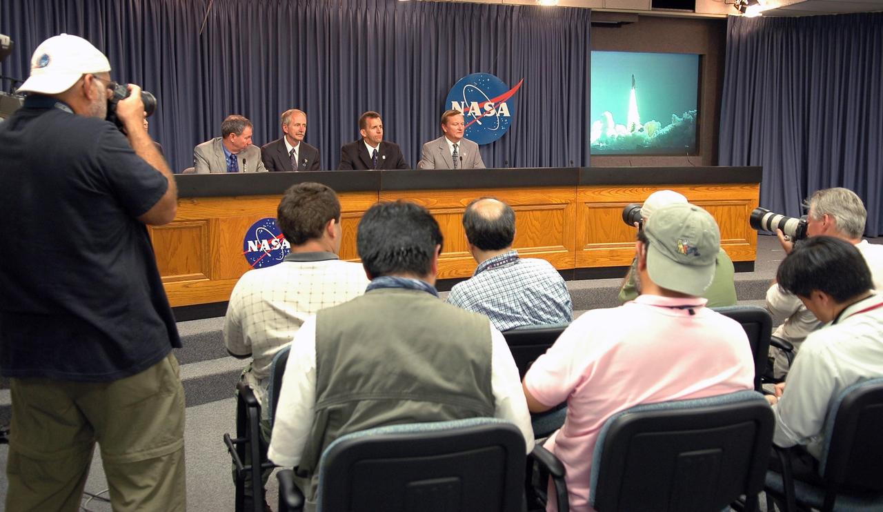KENNEDY SPACE CENTER, FLA. -   Following the successful launch of Space Shuttle Atlantis on mission STS-115, NASA Administrator Michael Griffin, Associate Administrator for Space Operations Mission William Gerstenmaier, Launch Integration Director LeRoy Cain and Shuttle Launch Director Mike Leinbach respond to questions from the media during a post-launch press conference. Mission STS-115 is the 116th space shuttle flight, the 27th flight for orbiter Atlantis, and the 19th U.S. flight to the International Space Station. STS-115 is scheduled to last 11 days with a planned landing at KSC. Photo credit: NASA/Kim Shiflett