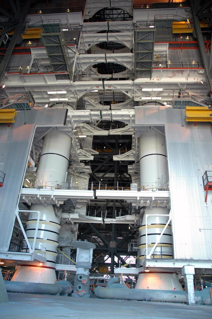 KENNEDY SPACE CENTER, FLA. -  -  In the Vehicle Assembly Building, the solid rocket boosters (SRBs) are being stacked for the orbiter Discovery and mission STS-116.  They are in high bay 3, situated on the mobile launcher platform, seen beneath the aft skirt. Discovery will be rolling over to the VAB in early November to be stacked with the SRBs and external tank for launch. ): STS-116 will be mission number 20 to the International Space Station and construction flight 12A.1.  The mission payload is the SPACEHAB module, the P5 integrated truss structure and other key components.   Launch is scheduled for no earlier than Dec. 7.   Photo credit: NASA/Jack Pfaller