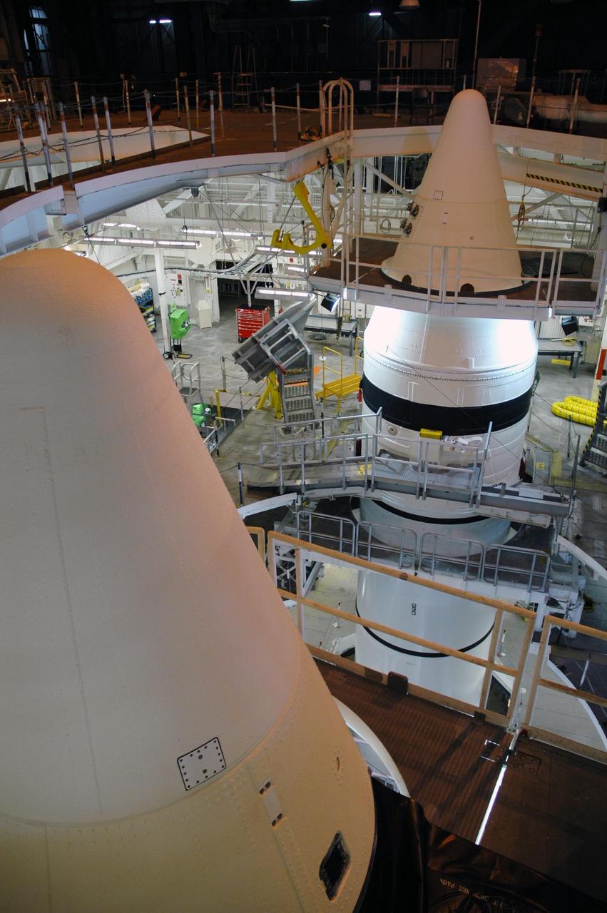 KENNEDY SPACE CENTER, FLA. -  In the Vehicle Assembly Building, the solid rocket boosters (SRBs) are being stacked for the orbiter Discovery and mission STS-116. Seen here are the nose cones on top of the SRBs.   Discovery will be rolling over to the VAB in early November to be stacked with the SRBs and external tank for launch. STS-116 will be mission number 20 to the International Space Station and construction flight 12A.1.  The mission payload is the SPACEHAB module, the P5 integrated truss structure and other key components.   Launch is scheduled for no earlier than Dec. 7.   Photo credit: NASA/Jack Pfaller