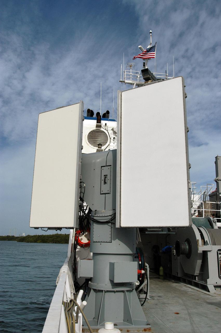 KENNEDY SPACE CENTER, FLA. --  The X-band radar array is installed on the solid rocket booster retrieval ship Liberty before launch of Space Shuttle Discovery.  It is one of  two Weibel Continuous Pulse Doppler X-band radars located on each of the two SRB retrieval ships.  This one will be located downrange of the launch site.  Working with the land-based C-band radar, the X-band radars provide velocity and differential shuttle/debris motion information during launch.  The radar data will be sent from the ships via satellite link and analyzed at the C-band radar site located on north Kennedy Space Center.  Photo credit: NASA/George Shelton