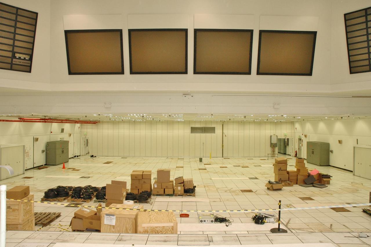 KENNEDY SPACE CENTER, FLA. --   Firing Room 1 of the Launch Control Center has been stripped of its equipment in preparation for transforming it to support the launch operations for the Ares launch vehicles.  The Shuttle Processing Transition Team has worked to decommission Firing Room 1, also known as FR1, for transfer to the Constellation Program.  The transition includes removing all the computer systems currently in the room and installing new equipment and software.  The room was recently renamed the Young/Crippen Firing Room to honor Commander John Young and Pilot Robert Crippen in tribute to the 25th anniversary of the first space shuttle flight on April 12, 1981. It was this firing room that launched the historic flight and the crew of STS-1, Young and Crippen. Photo credit: NASA/Jim Grossmann