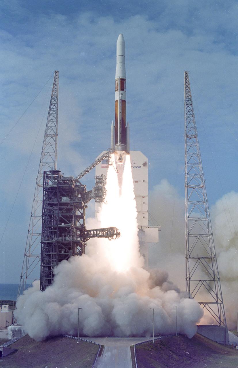 KENNEDY SPACE CENTER, FLA. - Flames and smoke billow out from under the Boeing Delta IV rocket at liftoff, carrying the GOES-N satellite. Liftoff from Launch Complex 37 at Cape Canaveral Air Force Station was on time at 6:11 p.m. EDT. GOES-N is the latest in the Earth-monitoring series of Geostationary Operational Environmental Satellites developed by NASA and the National Oceanic and Atmospheric Administration. By maintaining a stationary orbit, hovering over one position on the Earth's surface, GOES will be able to provide a constant vigil for the atmospheric "triggers" for severe weather conditions such as tornadoes, flash floods, hail storms and hurricanes. Photo credit: NASA/Tim Terry