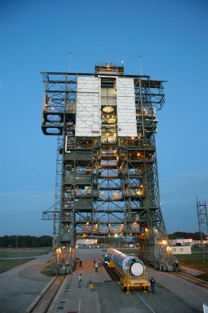 NASA image: Delta II First stage lift for THEMIS payload at complex 17B
