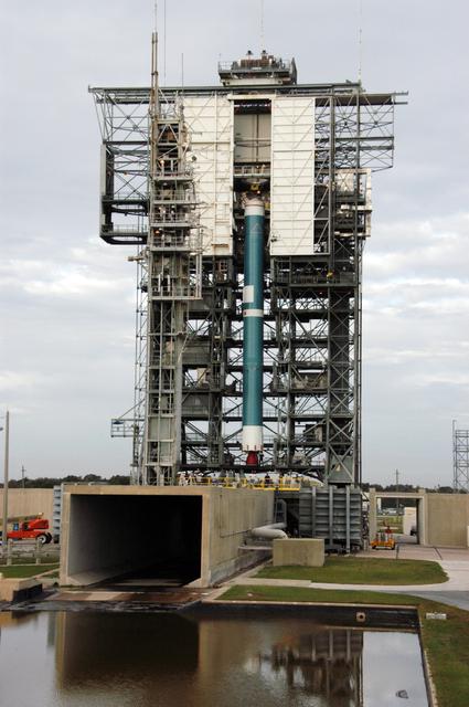 NASA image: Delta II First stage lift for THEMIS payload at complex 17B