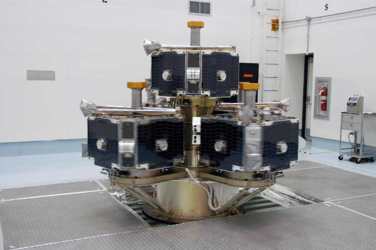 At Astrotech Space Operations, the integrated THEMIS spacecraft is spinning on the spin table, part of spin-balance testing. THEMIS consists of five identical probes, the largest number of scientific satellites ever launched into orbit aboard a single rocket. This unique constellation of satellites will resolve the tantalizing mystery of what causes the spectacular sudden brightening of the aurora borealis and aurora australis - the fiery skies over the Earth's northern and southern polar regions. THEMIS is scheduled to launch Feb. 15 from Cape Canaveral Air Force Station. 