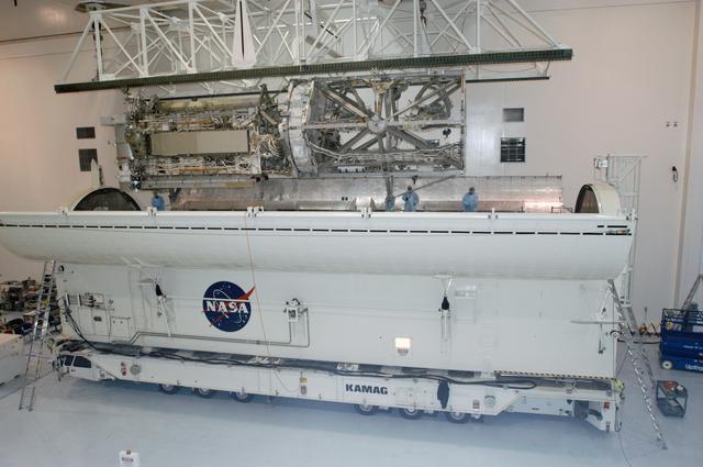 S3/S4 Integrated Truss being moved into the Space Shuttle Payloa