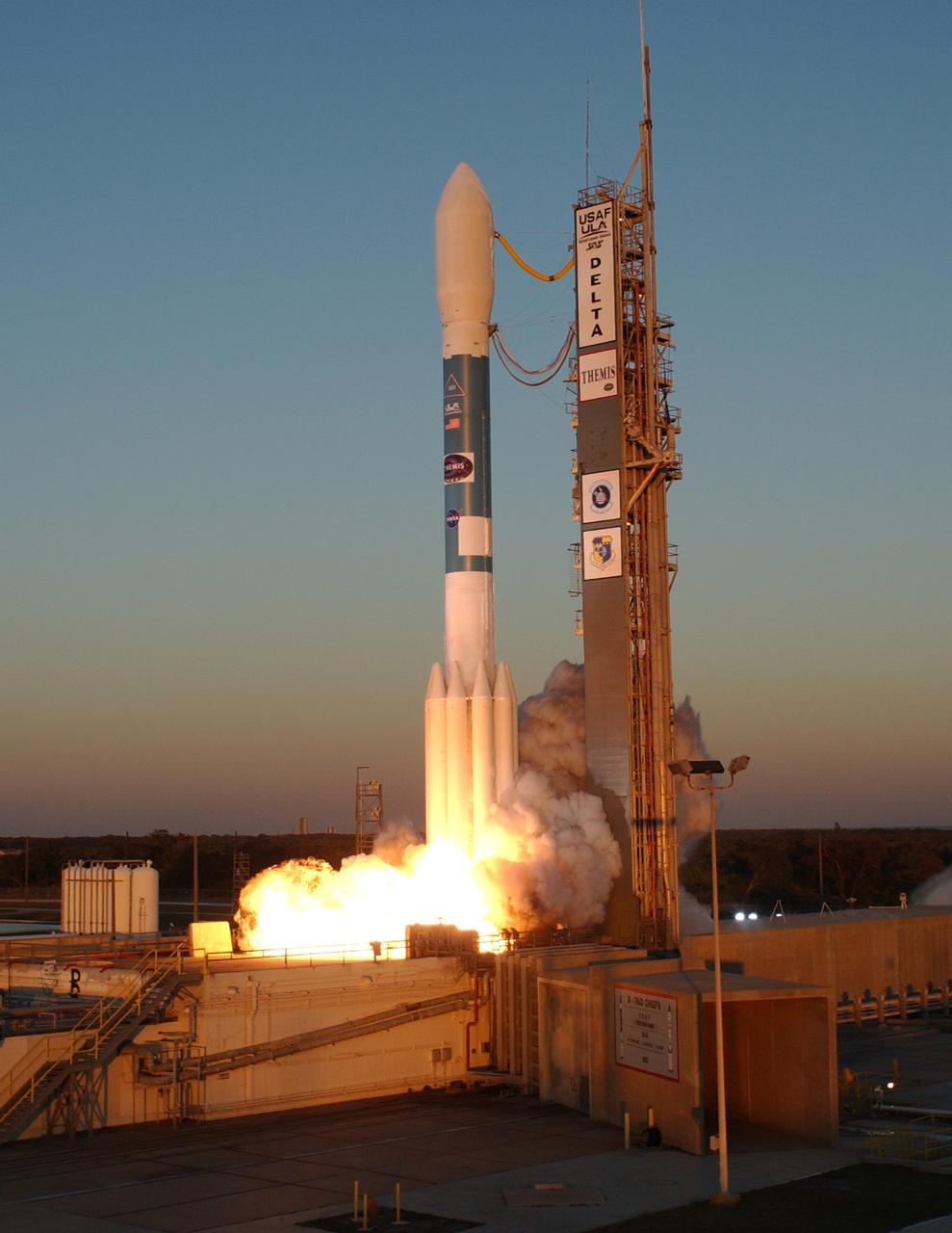 Amid billows of smoke, the Delta II rocket with NASA's THEMIS spacecraft aboard blasts off Pad 17-B at Cape Canaveral Air Force Station at 6:01 p.m. EST. THEMIS, an acronym for Time History of Events and Macroscale Interactions during Substorms, consists of five identical probes that will track violent, colorful eruptions near the North Pole. This will be the largest number of scientific satellites NASA has ever launched into orbit aboard a single rocket. The THEMIS mission aims to unravel the mystery behind auroral substorms, an avalanche of magnetic energy powered by the solar wind that intensifies the northern and southern lights. The mission will investigate what causes auroras in the Earth’s atmosphere to dramatically change from slowly shimmering waves of light to wildly shifting streaks of bright color. 